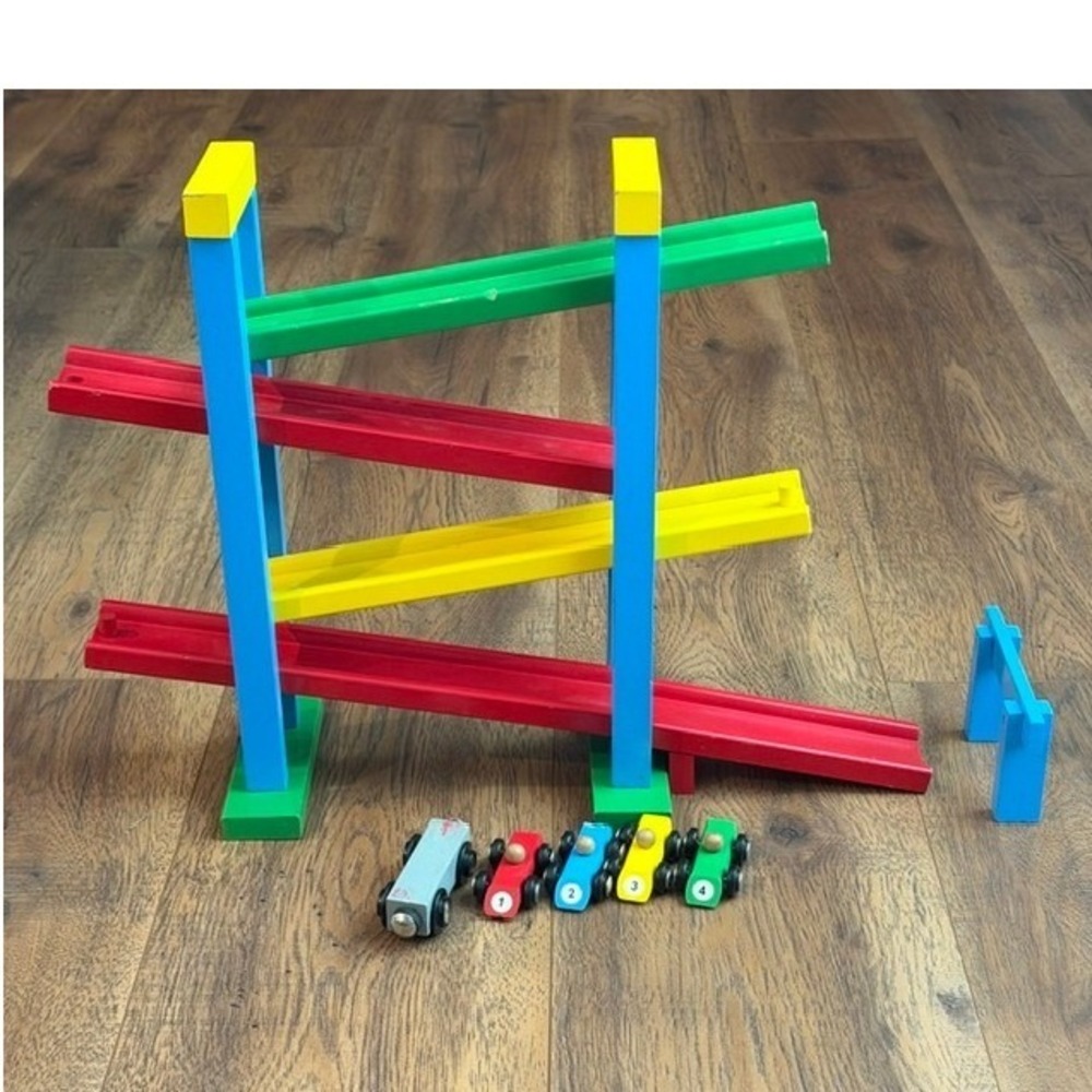 Heros Wooden Ramp Racer 4-Level Car Track Vintage German Auto Rennbahn 5 Cars